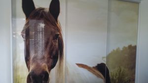 Armario ropero, hojas correderas, interior melamina, y exterior cristal con foto vinilo de caballo.